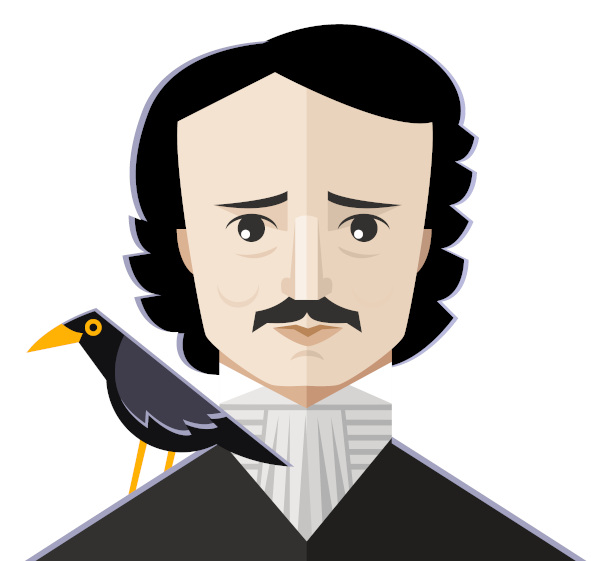 Ilustração de Edgar Allan Poe com um corvo no ombro.