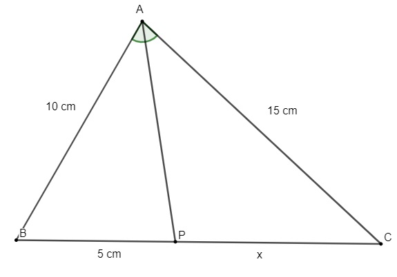  Ilustração da bissetriz traçada em um triângulo de lados com 10 cm, 15 cm e 5 cm + x.