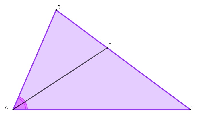 Ilustração de uma bissetriz P traçada no ângulo A do triângulo roxo ABC.