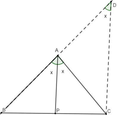  Ilustração do prolongamento do lado AB até ele se encontrar com o segmento CD de um triângulo com bissetriz traçada.