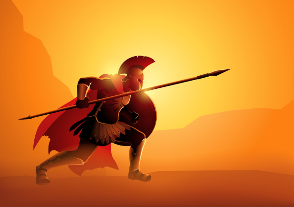 Ilustração do deus Ares segurando uma lança e um escudo, em posição de combate