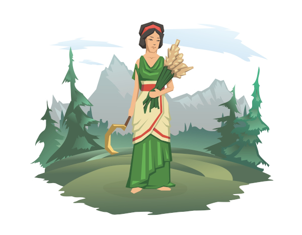 Ilustração de Deméter segurando uma foice com uma das mãos, e com a outra, um ramalhete de trigo, na floresta