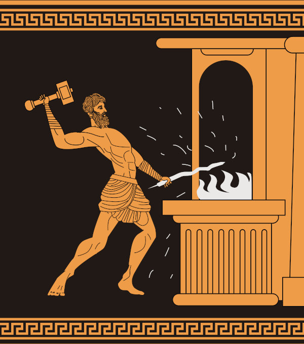 Ilustração de Hefesto martelando um pedaço de ferro no fogo com o objetivo de forjar uma arma.