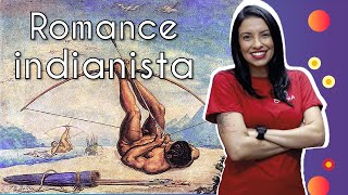 Professora ao lado do texto"Romance indianista" e representação de um índio dando uma flechada.