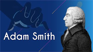 "Adam Smith" escrito sobre fundo azul com ilustração de uma mão, ao lado há uma imagem do filósofo