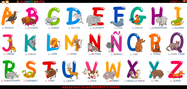 Ilustração das letras do alfabeto espanhol, cada uma acompanhada de um animal cujo nome seja iniciado por ela.