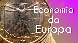 "Economia da Europa" escrito em fundo roxo juntamente com a imagem de várias moedas