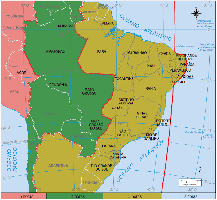 Mapa indicando os fusos horários que existem no Brasil.