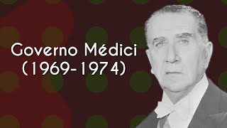 "Governo Médici (1969-1974)" escrito sobre fundo vermelho escuro ao lado da imagem de Médici