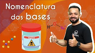 "Nomenclatura das bases" escrito sobre fundo laranja acima da ilustração de um frasco de tampa vermelha
