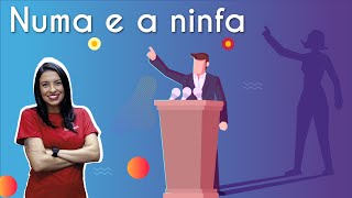 "Numa e a ninfa" escrito sobre fundo azul com ilustração de um homem falando em uma tribuna