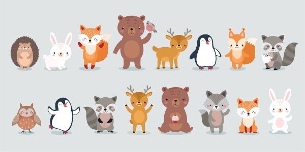 Ilustração de vários animais: urso, raposa, guaxinim, ouriço, pinguim, veado, coelho, coruja e esquilo.