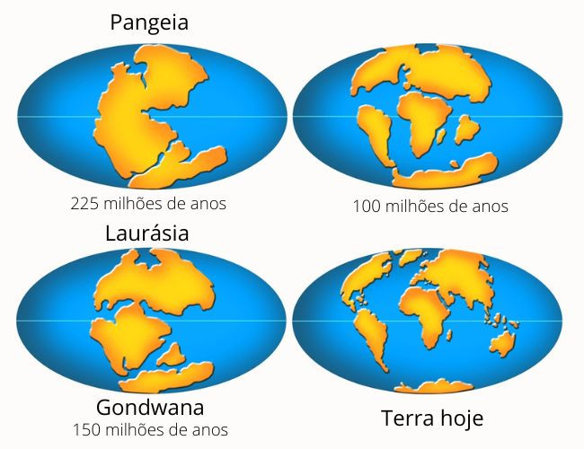 Evolução dos continentes e oceanos, segundo a deriva continental.