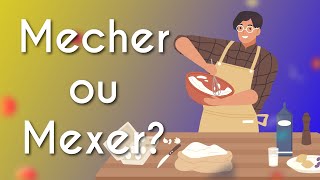 "Mexer ou mecher" escrito sobre ilustração de um homem mexendo uma tigela
