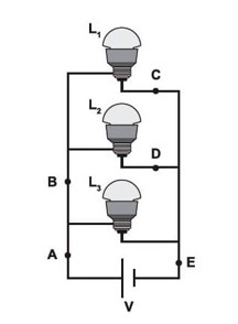 Ilustração representando a rotulação de correntes elétricas de um circuito em determinados pontos: A, B, C, D e E.