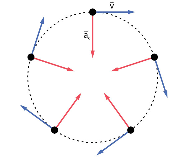 Representação da velocidade linear e aceleração centrípeta no MCU.