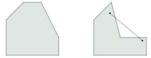 Ilustração de um polígono convexo e de um polígono não convexo.