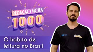 "Redação nota 1000 | O hábito de leitura no Brasil" escrito sobre fundo lilás ao lado da imagem do professor