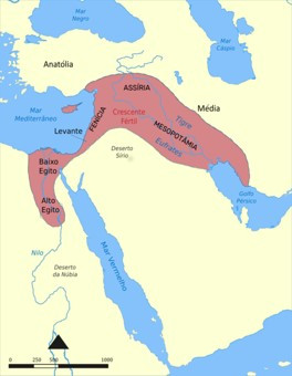 Mapa com localização da Mesopotâmia e da região chamada Crescente Fértil.