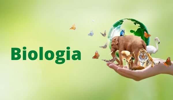 Grupo de animais ao lado de globo terrestre em fundo verde ilustra o conceito de Biologia.