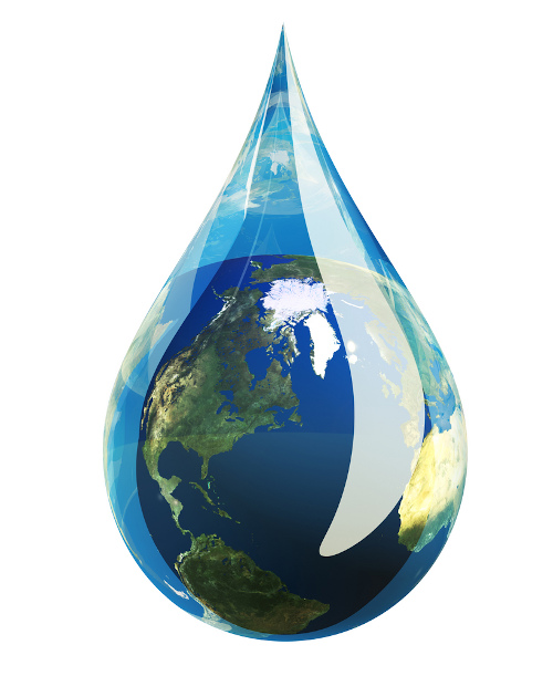 Gota de água envolvendo o planeta Terra, representando sua importância.