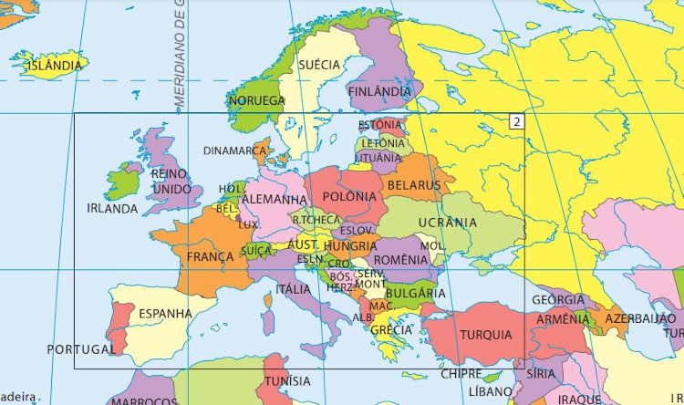 Mapa do IBGE com todos os países da Europa.