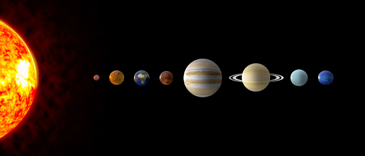 Representação dos oito planetas do Sistema Solar: Mercúrio, Vênus, Terra, Marte, Júpiter, Saturno, Urano e Netuno.