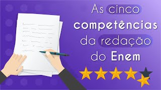 "As cinco competências da redação do Enem" escrito em fundo roxo, ao lado da frase uma ilustração de uma mão escrevendo e cinco estrelas amarelas