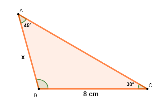  Ilustração de um triângulo, no qual será aplicada a lei dos senos para o cálculo de um dos seus lados.