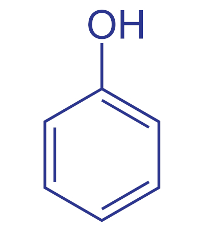 Estrutura química do fenol, um grupo funcional orgânico que possui a hidroxila em sua estrutura.