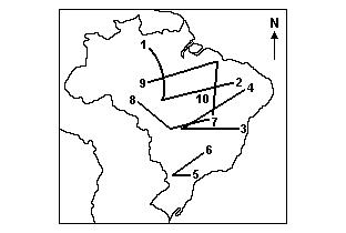 Mapa do Brasil com números indicando certas áreas em questão de vestibular da USP
