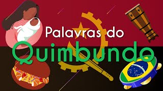 "Palavras do Quimbundo" escrito sobre a bandeira da Angola com diversos símbolos: um pandeiro, tambor, uma mulher negra segurando um bebê