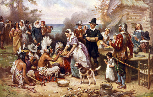  O primeiro Dia de Ação de Graças representado em pintura a óleo de Jean Louis Gerome Ferris (1932).