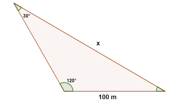  Ilustração de um terreno no formato de um triângulo, que terá seu lado calculado pela lei dos senos.