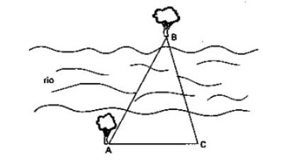 Triângulo, formado pela distância entre duas árvores e um ponto C, cujo lado será calculado pela lei dos senos.
