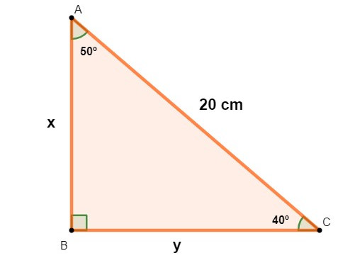 Ilustração de um triângulo retângulo, no qual será aplicada a lei dos senos para calcular um de seus lados.