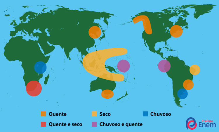 Mapa indicando as alterações provocadas pelo El Niño no mundo.