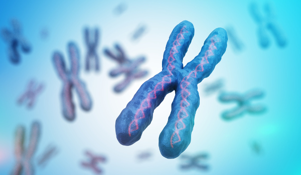 Cromossomos flutuando em fundo azul.