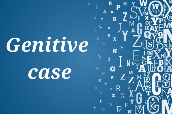 “Genitive case” escrito em fundo azul com letras diversas à direita.