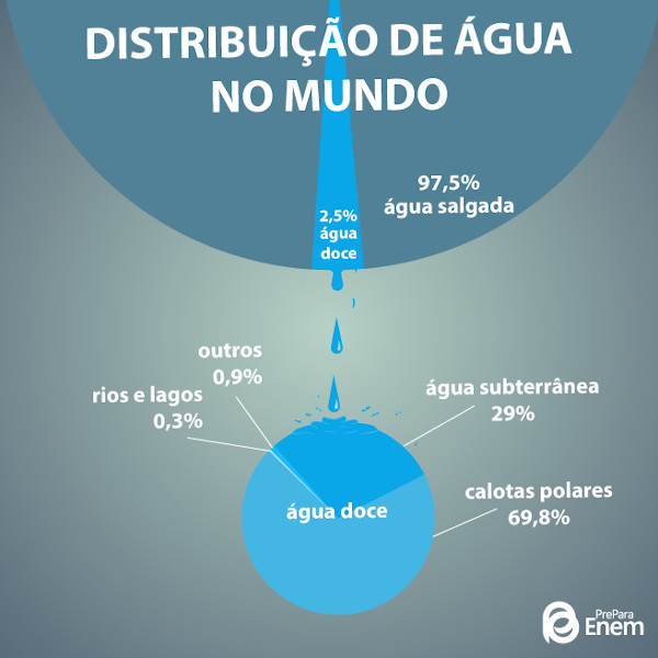 Gráfico representando a distribuição da água no mundo, um dos aspectos estudados na hidrografia.