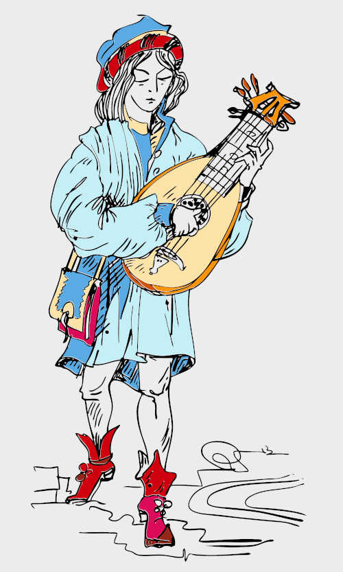 Ilustração de uma pessoa tocando um alaúde, um dos instrumentos usados mo trovadorismo.