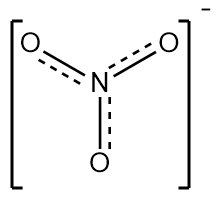 Ilustração representando a estrutura de um nitrato com os elétrons pi deslocalizados.