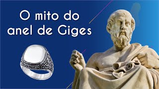 Texto"O mito do Anel de Giges" próximo a uma representação do que é O mito do Anel de Giges.