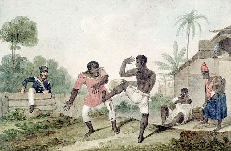 Pintura de Augustus Earle mostrando a prática da capoeira no Rio de Janeiro.