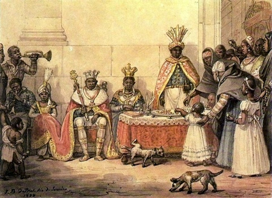 Pintura de Jean Baptiste Debret com a representação de reis e rainhas da congada.