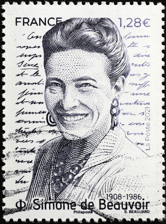 Simone de Beauvoir, escritora e filósofa, estampada em selo.