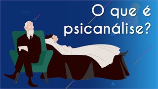 Ilustração de um psicanalista sentado em uma poltrona acompanhada do texto: "O que é psicanálise?".