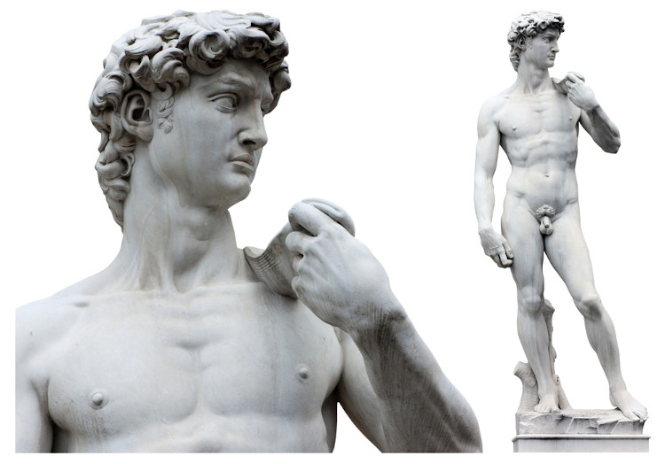 Duas imagens da escultura “David”, de Michelangelo: uma da parte superior do corpo e outra do corpo inteiro da estátua.