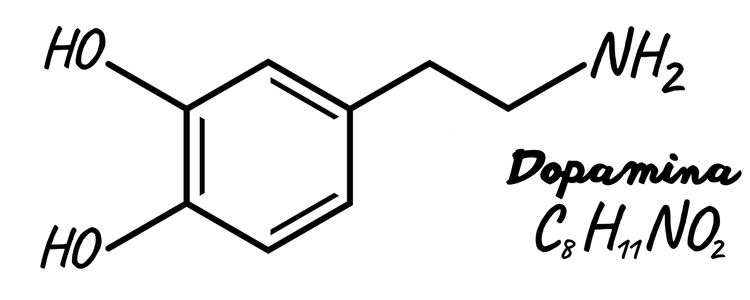Fórmula molecular e molécula química da dopamina.