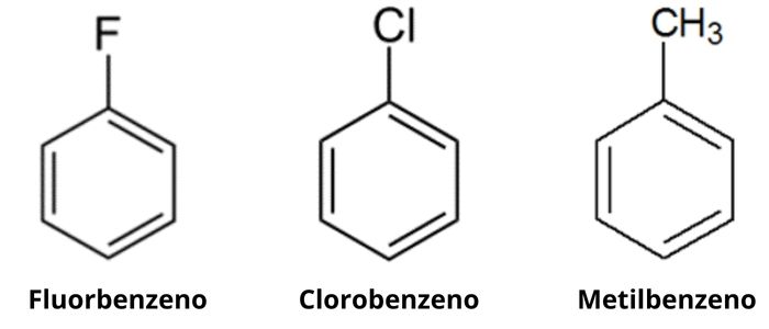 Estrutura química de benzenos com os grupos substituintes flúor, cloro e metil, respectivamente, e seus nomes.